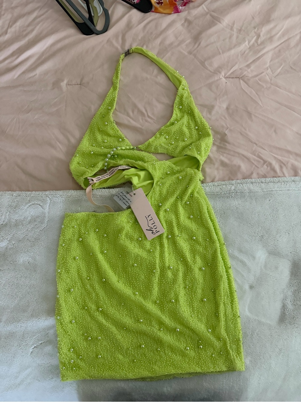 Oh Polly Neon Lime Beaded Halter Mini Dress